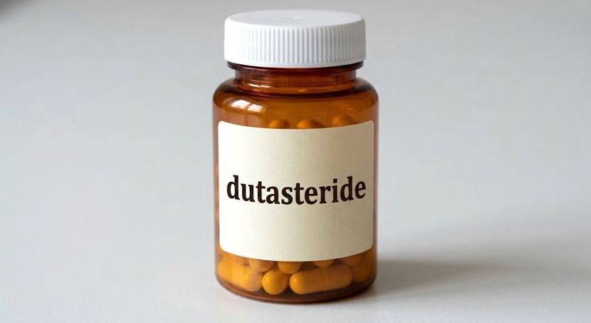 An amber pill bottle of dutasteride capsules