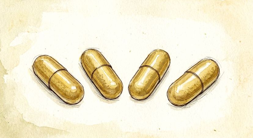 Botanical hair-growth supplement capsules on a nightstand with water